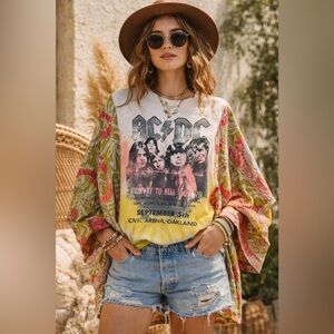 AC⚡️DC Upcycled Band Tee w/ Kantha Sleeves | One-of-a-Kind Boho Rock Top
